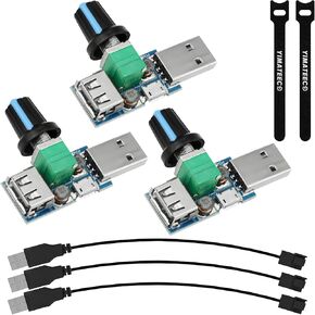 USB Fan Speed Controller Regulator, 3 Pack USB Fan Controller Stepless Speed Noise Air Volume Governor With Switch, U-SB to 4pin CPU F-an Adapter Cable (3Set, DC 4-12V bis 2.5-7.5V, 5 W)