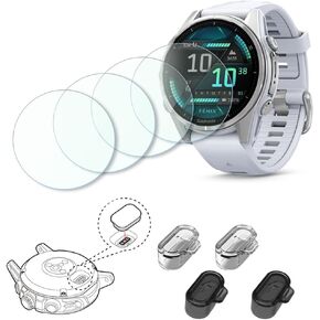 Compatible for Garmin Fenix 8 43mm Tempered Glass Screen Protector (4-Pack) + Charging Port Dust Plugs (4-Pack) | 9H Hardness, Anti-Scratch & Precision Fit