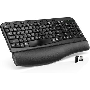 SABLUTE Wireless Keyboard, 2.4GHz USB Computer Key Board with Cushioned Wrist Rest, Ergonomic Wave Keyboards for Windows, Mac, Chrome, PC, Laptop, Black Full Size - Teclado Inalámbrico