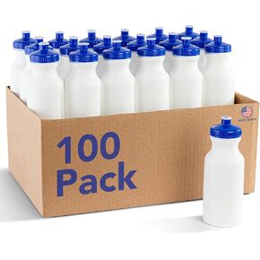 Bulk Water Bottles 100 Pack - 20 Ounce Reusable water bottles Bulk - BPA-Free Easy Open Spin off Cap - Plastic Bulk Water Bottles for Kids and Adults - Top-Rack - Dishwasher Safe - Sports Bottles