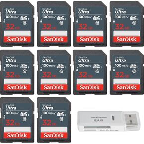 SanDisk 32GB (10 Pack) Ultra SDHC UHS-I Class 10 Memory Card 100MB/s U1, Full HD, SD Camera Card SDSDUNR-032G-GN3IN Bundle with (1) GoRAM USB 3.0 Multi Card Reader (32GB)