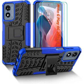 for Moto G Play 2024 Case with Kickstand and 2 Pack HD Screen Protector [Military Grade Shockproof] Heavy Duty Robust Bumper Cover for Motorola Moto G Play 2024 4G Phone Case,Blue