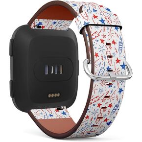 Compatible with Fitbit Versa, Versa 2, Versa Lite - Quick Release Leather Wristband Bracelet Replacement Accessory Band - Doodles Fourth July