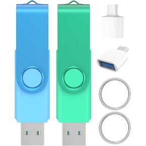 128GB USB 3.0 Flash Drives 2 Pack with USB C 3.0 Adapter and Keychains, Wooolken Swivel Thumb Drives USB Stick Drive Memory Stick