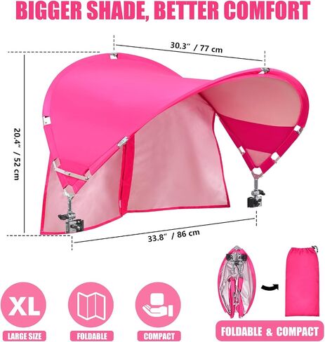 XL Universal Chair Canopy Umbrella, UPF 50+ Foldable Sun Shade Attachment with Adjustable Clamp for Beach, Camping, Sports, Outdoor, Lawn, Tanning, Zero Gravity Chairs, Wagon, Wheelchair, Patented in Kuwait