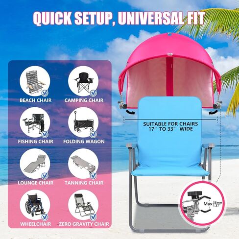 XL Universal Chair Canopy Umbrella, UPF 50+ Foldable Sun Shade Attachment with Adjustable Clamp for Beach, Camping, Sports, Outdoor, Lawn, Tanning, Zero Gravity Chairs, Wagon, Wheelchair, Patented in Kuwait