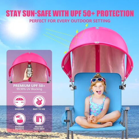 XL Universal Chair Canopy Umbrella, UPF 50+ Foldable Sun Shade Attachment with Adjustable Clamp for Beach, Camping, Sports, Outdoor, Lawn, Tanning, Zero Gravity Chairs, Wagon, Wheelchair, Patented in Kuwait