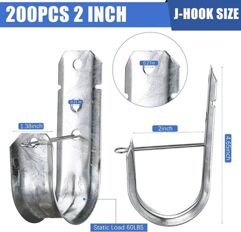 2-Inch 200 Pcs Cable Support, J Hooks Heavy Duty Galvanized Steel Cable Hook Wire Management J Hooks for Attaching Wall Mounting to Vertical Surfaces, Silver in Kuwait
