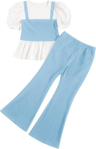 Milumia Girl's Two Piece Outfits Houndstooth Puff Sleeve Tee and Flare Pants Set Multi Blue Pink 10 Years in Saudi Arabia