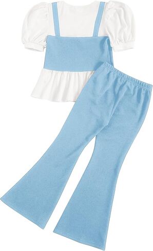 Milumia Girl's Two Piece Outfits Houndstooth Puff Sleeve Tee and Flare Pants Set Multi Blue Pink 10 Years in Saudi Arabia