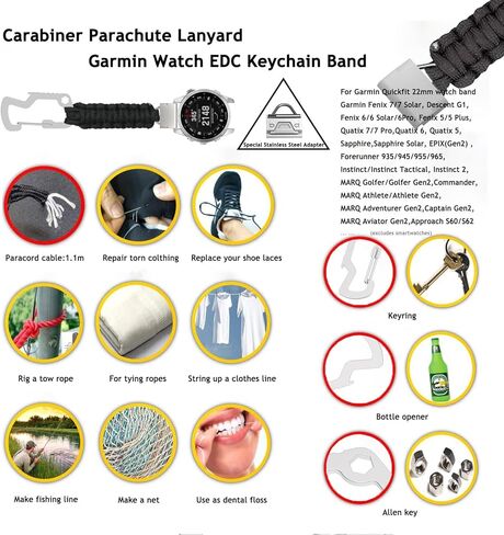 حزام paracord متوافق مع Garmin Fenix ​​8/Fenix ​​E/Fenix ​​7x/Fenix ​​6x/Fenix ​​5x/Tactix 7/Quatix 7 Pro/Quatix 6x/Enduro 2 Keychain Watch Holder Clist Rugged Survival Survival Nylon Sport Band Band Band Band Brid in Kuwait