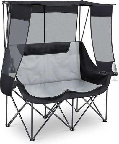 Double Beach Camping Chair with Canopy Shade 2 Person Camping Sofa, Fully Padded Folding Loveseat Chair with Cup Hold and Storage Bag Sturdy Oversized Couch for Lawn Sports Concerts Picnic(Black) in Kuwait