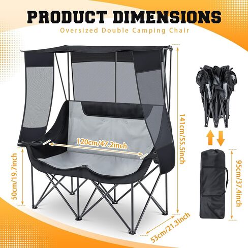 Double Beach Camping Chair with Canopy Shade 2 Person Camping Sofa, Fully Padded Folding Loveseat Chair with Cup Hold and Storage Bag Sturdy Oversized Couch for Lawn Sports Concerts Picnic(Black) in Kuwait