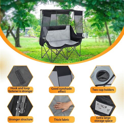 Double Beach Camping Chair with Canopy Shade 2 Person Camping Sofa, Fully Padded Folding Loveseat Chair with Cup Hold and Storage Bag Sturdy Oversized Couch for Lawn Sports Concerts Picnic(Black) in Kuwait