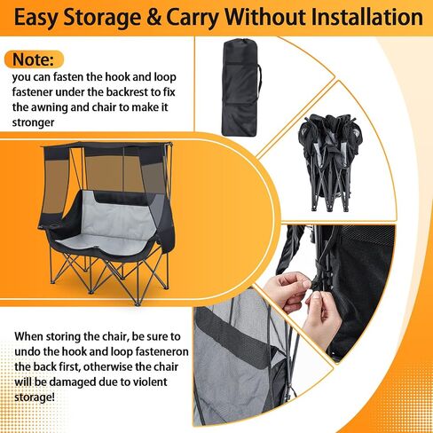 Double Beach Camping Chair with Canopy Shade 2 Person Camping Sofa, Fully Padded Folding Loveseat Chair with Cup Hold and Storage Bag Sturdy Oversized Couch for Lawn Sports Concerts Picnic(Black) in Kuwait
