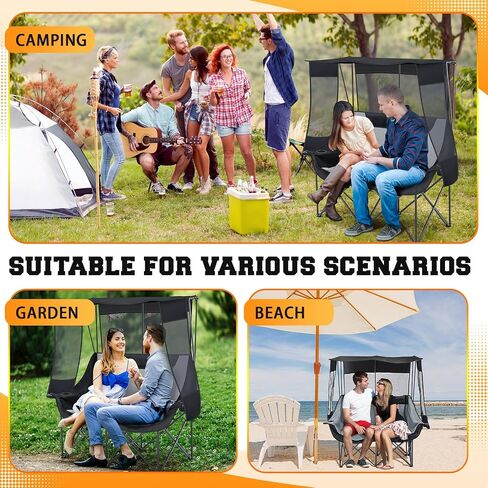 Double Beach Camping Chair with Canopy Shade 2 Person Camping Sofa, Fully Padded Folding Loveseat Chair with Cup Hold and Storage Bag Sturdy Oversized Couch for Lawn Sports Concerts Picnic(Black) in Kuwait