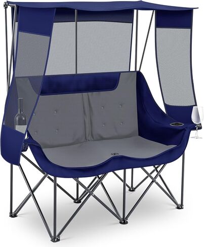 Double Beach Camping Chair with Canopy Shade 2 Person Camping Sofa, Fully Padded Folding Loveseat Chair with Cup Hold and Storage Bag Sturdy Oversized Couch for Lawn Sports Concerts Picnic(Black) in Kuwait