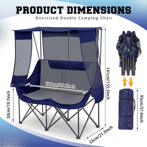 Double Beach Camping Chair with Canopy Shade 2 Person Camping Sofa, Fully Padded Folding Loveseat Chair with Cup Hold and Storage Bag Sturdy Oversized Couch for Lawn Sports Concerts Picnic(Black) in Kuwait