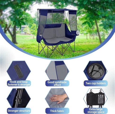 Double Beach Camping Chair with Canopy Shade 2 Person Camping Sofa, Fully Padded Folding Loveseat Chair with Cup Hold and Storage Bag Sturdy Oversized Couch for Lawn Sports Concerts Picnic(Black) in Kuwait