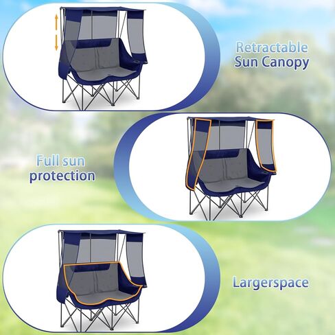 Double Beach Camping Chair with Canopy Shade 2 Person Camping Sofa, Fully Padded Folding Loveseat Chair with Cup Hold and Storage Bag Sturdy Oversized Couch for Lawn Sports Concerts Picnic(Black) in Kuwait