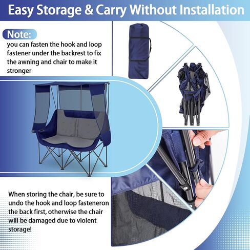 Double Beach Camping Chair with Canopy Shade 2 Person Camping Sofa, Fully Padded Folding Loveseat Chair with Cup Hold and Storage Bag Sturdy Oversized Couch for Lawn Sports Concerts Picnic(Black) in Kuwait