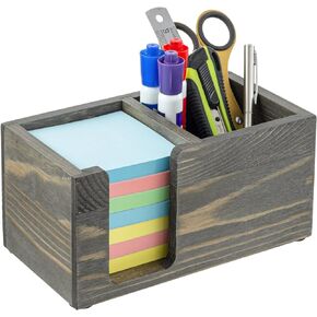 MyGift Rustic Vintage Gray Solid Wood Sticky Note and Stationery Holder Stand, Office Desktop Storage Caddy for Self Adhesive Memo Pads Pen Pencil Cup