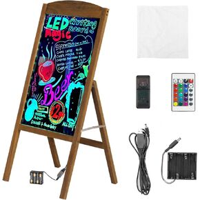 LED Drawing Chalk Board: Large Single Sided Glass Neon Sign with Stand - Wooden Message Chalkboard Display with 15 Light Colors 4 Flashing Mode for Kids, Restaurant, Bar, Celebration