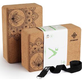 Overmont Cork Yoga Blocks 2 pack with 8ft Strap Set Natural Cork Yoga Bricks- High Density & Eco Friendly Yoga Accessories for Women - Ideal for Yoga Pilates General Fitness and Stretching 9x6x3''