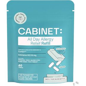 Cabinet: All Day Allergy Relief Cetirizine 10mg for Non-Drowsy Relief from Common Allergy Symptoms 40 Tablets (Refillable Glass Jar)