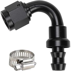 120 Degree Female -4 AN to 1/4" Push Lock Hose End Barb Fitting Aluminum Black with Clamp