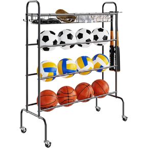 VEVOR Basketball Rack, 4-Layers Rolling Basketball Shooting Training Stand, Sports Equipment Storage Organizer with Wheels, Hooks and Baskets, Garage Ball Storage Holder for Football Soccer Volleyball