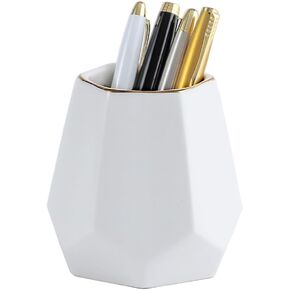 حامل أقلام سيراميك للمكتب، حامل أقلام رصاص على شكل هندسي لطيف، منظم مكتب لديكور المكتب، حامل فرشاة مكياج (أبيض) in Kuwait