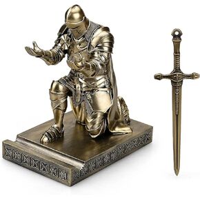 King's Guard Leader Cloak Warrior Knight Pen Holder Mobile Phone Stand, Ornament Knight Statue, Pen Stand Paperweight with a Metal Sword Letter Opener for Office and Home (Blue)