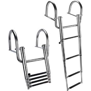 Marinebaby 4 Steps Pontoon Boat Ladder, Stainless Steel Folding Telescoping Rear Entry Inboard Ladder Heavy Duty Custom Swim Deck Ladder with Pedal Hand Railing Ladder