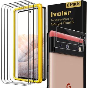 ivoler [4+2 Pack Screen Protector for Google Pixel 6 [4 Pack] with Camera Lens Protector Tempered Glass [2 Pack] [Fingerprint Unlock Compatible] with Alignment Frame Easy Installation HD Clear Film