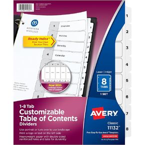 Avery 8 Tab Dividers for 3 Ring Binders, Customizable Table of Contents, Classic White Tabs, 1 Set (11132)