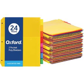 Oxford Plastic 2 Pocket Binder Dividers, 8 Tab 1/8 Cut Tab Dividers, Large Multicolor Binder Tabs, Letter Size, 24 Sets of 8 Dividers (89613)