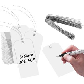 100 Pieces 3x6 inch Large Plastic Shipping Tags with String Heavy Duty Waterproof Hang Tags with String Attached Writable Wire Tags Labels for Luggage Garage Inventory Car Parts (Green)