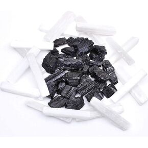 1/2LB Each Black Tourmaline & Selenite Bulk Rough Raw Natural Crystal Stone for Cabbing, Tumbling, Lapidary, Polishing, Wire Wrapping, Wicca, Reiki Healing, Mediation, Chakra Balancing