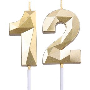 2 inch Gold 12 & 21 Birthday Candles, 3D Diamond Number 12th & 21st Cake Topper for Boys Girls Birthday Party Decorations Theme Party