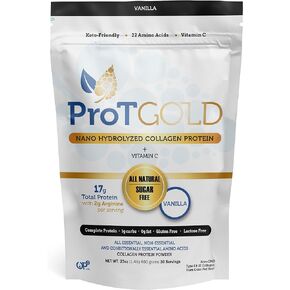 Collagen Protein Powder, 17g Protein Nano-Hydrolyzed Grass Fed Collagen, Vitamin C, 2g Arginine for Wound Support, Gluten Free, All Natural, Fat and Sugar Free, 0g Carbs, Vanilla, 23 oz, 30