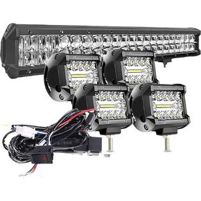 LED Light Bar KEENAXIS 20 Inch 126W 5D Spot Flood Combo Beam Light Bar 4Pcs 4 Inch 60W Led Pods Lights W/3-Leads Wiring Harness for Truck ATV UTV SUV Jeep Boats