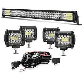 TURBO SII - LED Light Bar 32 Inch 441W Triple Row Flood Spot Combo Beam Offroad Driving Light 4Pcs 4 Inch 60W LED Cubes Lights with 3-Leads Wiring Harness for Jeep Trucks ATV UTV Polaris SUV Boats
