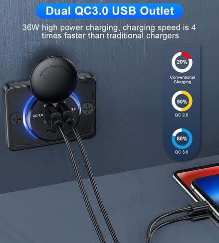 EXTRACTME Quick Charge 3.0 12V USB Outlet، RV USB Outlet Panel Dual USB Car Charger مقبس الطاقة مع غطاء، 36W Dual Port 12V-24V شاحن سيارة سريع للسيارة، الحافلة، ATV، RV، قارب، شاحنة - 2 حزم in Kuwait