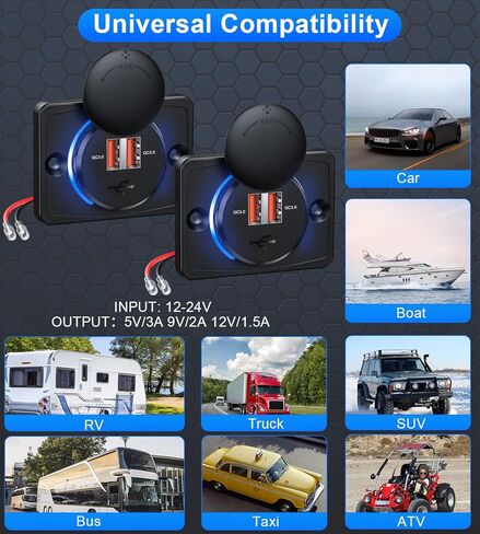 EXTRACTME Quick Charge 3.0 12V USB Outlet، RV USB Outlet Panel Dual USB Car Charger مقبس الطاقة مع غطاء، 36W Dual Port 12V-24V شاحن سيارة سريع للسيارة، الحافلة، ATV، RV، قارب، شاحنة - 2 حزم in Kuwait