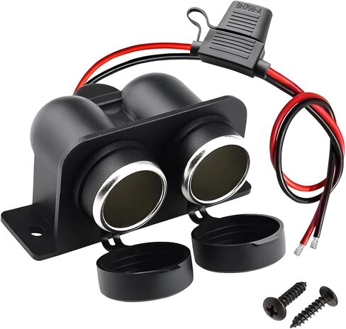 Car Cigarette Lighter Socket, 12V Cigarette Lighter Splitter Adapter with 15A Blade Fuse, 2 Socket Power Outlet Replacement with Covers and Cable Bare Wire, Fit for RV Marine Boat in Saudi Arabia