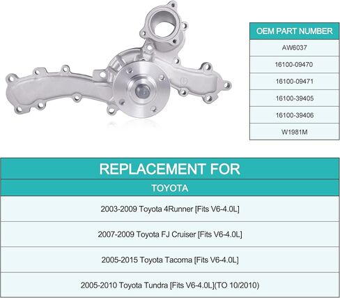 AW6037 مضخة مياه 16100-09470 16100-09471 OE بديل لتويوتا 4 رانر 2003-2009 FJ Cruiser 2007-2009 تاكوما 2005-2015 تندرا 2005-2011 V6 4.0L in Kuwait