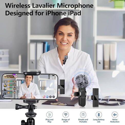 ميكروفونات Lavalier لاسلكية لأجهزة iPhone وiPad - ميكروفون تسجيل مكثف متعدد الاتجاهات لاسلكيًا لإجراء مقابلة فيديو وبودكاست ومدونة فيديو على YouTube in Kuwait