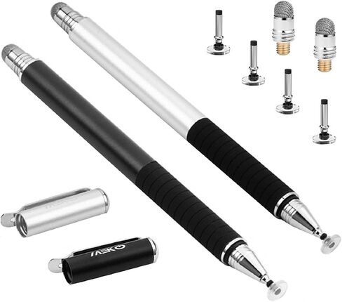 MEKO(2 Pcs)[2 in 1 Precision Series] Disc Stylus/Styli for All Touch Screen Devices Bundle with 4 Replaceable Disc Tips, 2 Replaceable Fiber Tips- (Black/Silver) in Saudi Arabia