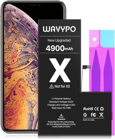 WAVYPO Battery for iPhone X, 4900mAh Upgraded High Capacity New Version 0 Cycle Battery Replacement for iPhone X Battery A1865, A1901, A1902 and Instruction (No Tools) in Kuwait